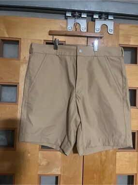 Icebreaker Merino Blend Beige Shorts with Orange Piping, Measure 32”